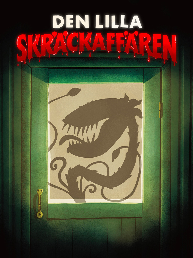 Illustration av en grön dörr med ett upplyst fönster där siluetten av en köttätande växt syns. Ovanför dörren står titeln ”Den lilla skräckaffären” i vita och blodröda bokstäver. Kuvitus vihreästä ovesta, jonka valaistussa ikkunassa näkyy lihansyöjäkasvin siluetti. Oven yläpuolella lukee “Den lilla skräckaffären” valkoisin ja verenpunaisin kirjaimin. Illustration of a green door with a lit window showing the silhouette of a carnivorous plant. Above the door is the title “Den lilla skräckaffären” in white and blood-red letters.