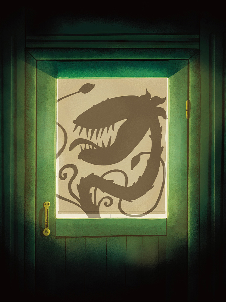 Illustration av en grön dörr med ett upplyst fönster där siluetten av en köttätande växt syns. Kuvitus vihreästä ovesta, jonka valaistussa ikkunassa näkyy lihansyöjäkasvin siluetti. Illustration of a green door with a lit window showing the silhouette of a carnivorous plant.