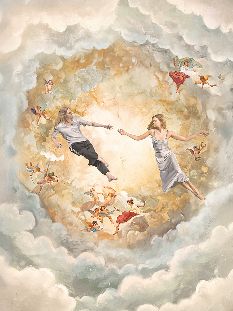 Svenska: Två personer svävar mot varandra i ett himmelskt motiv inspirerat av klassisk takmålning. De sträcker ut sina händer som för att mötas, omgivna av moln och änglar. Reklambild för pjäsen Romeo och Julia. Kaksi henkilöä leijuu toisiaan kohti taivaallisessa, klassisesta kattomaalauksesta inspiroituneessa kuvassa. He ojentavat kätensä kohti toisiaan, pilvien ja enkelien ympäröiminä. Mainoskuva näytelmästä Romeo ja Julia. English: Two people float toward each other in a celestial scene inspired by a classical ceiling painting. They reach out their hands as if to meet, surrounded by clouds and angels. Promotional image for the play Romeo and Juliet.