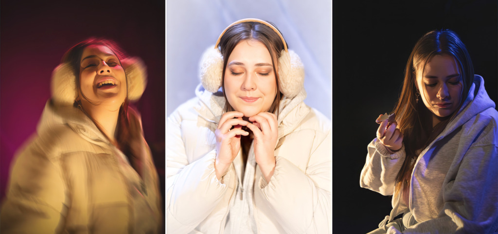 SV: Tredelad porträttserie av en ung kvinna i vit jacka och öronmuffar. Hon skrattar med huvudet bakåt, sitter med slutna ögon i lugn koncentration och håller en liten stjärnformad figur i handen. FI: Kolmiosainen muotokuvasarja nuoresta naisesta valkoisessa takissa ja korvaläpissä. Hän nauraa pää taakse kallistettuna, istuu silmät suljettuina rauhallisena ja pitelee pientä tähden muotoista esinettä. EN: A three-part portrait series of a young woman in a white jacket and earmuffs. She laughs with her head thrown back, sits calmly with her eyes closed, and holds a small star-shaped object in her hand.