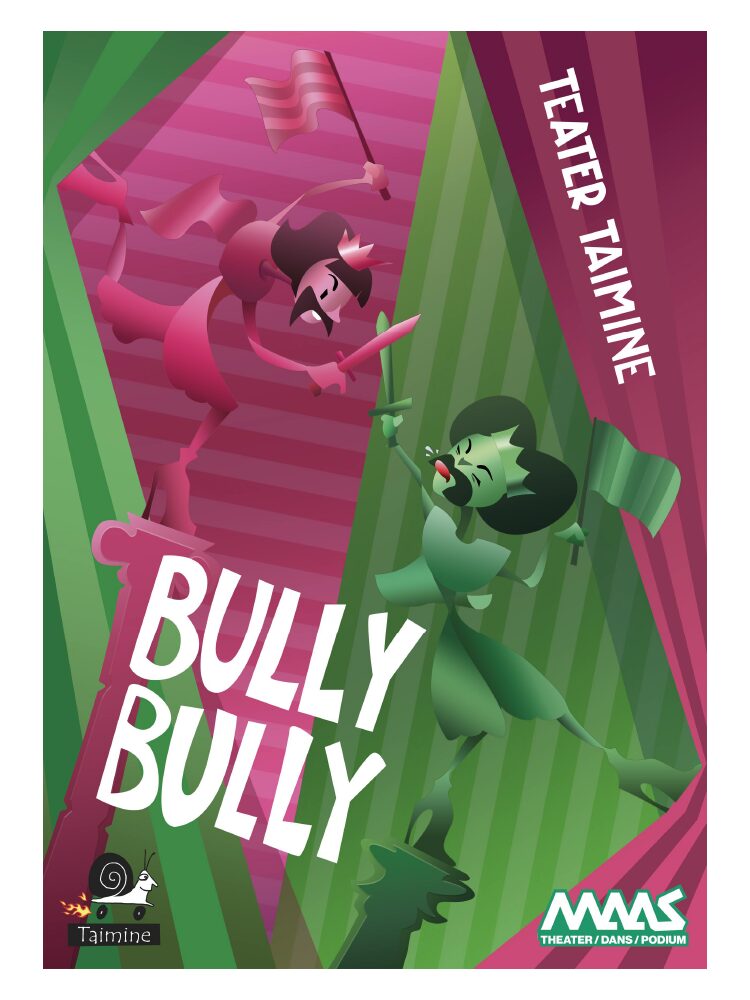En grafisk affisch i gröna och rosa toner för föreställningen ”Bully Bully”. I mitten syns två tecknade figurer som ser ut att protestera eller argumentera, hållande flaggor och pinnar. Texten ”Bully Bully” står i stora vita bokstäver, och ”Teater Taimine” är placerat längs kanten. Bilden har en dynamisk, teatral känsla. Graafinen juliste vihreissä ja pinkeissä sävyissä esitykselle ”Bully Bully”. Keskellä on kaksi piirrettyä hahmoa, jotka näyttävät protestoivan tai väittelevän ja pitelevät lippuja ja keppejä. Teksti ”Bully Bully” on suurilla valkoisilla kirjaimilla, ja ”Teater Taimine” lukee reunan suuntaisesti. Kuvassa on dynaaminen, teatraalinen tunnelma. A graphic poster in green and pink tones for the performance “Bully Bully.” In the center, two illustrated characters appear to be arguing or protesting, holding flags and sticks. The title “Bully Bully” is displayed in large white letters, and “Teater Taimine” runs along the edge. The image has a dynamic, theatrical feel.