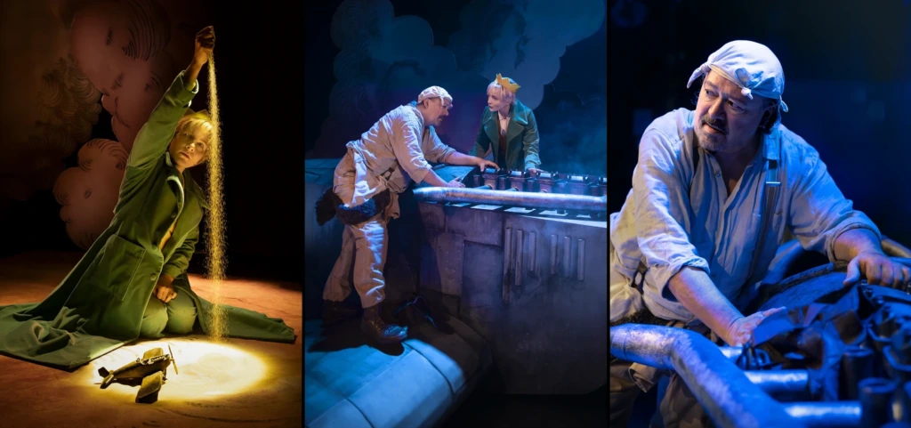 Tre scener ur föreställningen: den lille prinsen låter sand rinna genom handen, prinsen och piloten vid flygplanet, samt en mekaniker som arbetar vid en motor. Kolme kohtausta esityksestä: pikku prinssi antaa hiekan valua kädestään, prinssi ja lentäjä lentokoneen luona sekä mekaanikko työskentelee moottorin parissa. Three scenes from the performance: the Little Prince letting sand fall through their hand, the prince and pilot by the airplane, and a mechanic working on an engine.