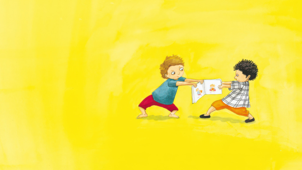 drar i varsin sida av en öppen bok mot en starkt gul bakgrund. Kaksi kuvitettua lasta vetää avoimen kirjan eri puolista kirkkaan keltaista taustaa vasten. Two illustrated children pull on opposite sides of an open book against a bright yellow background.