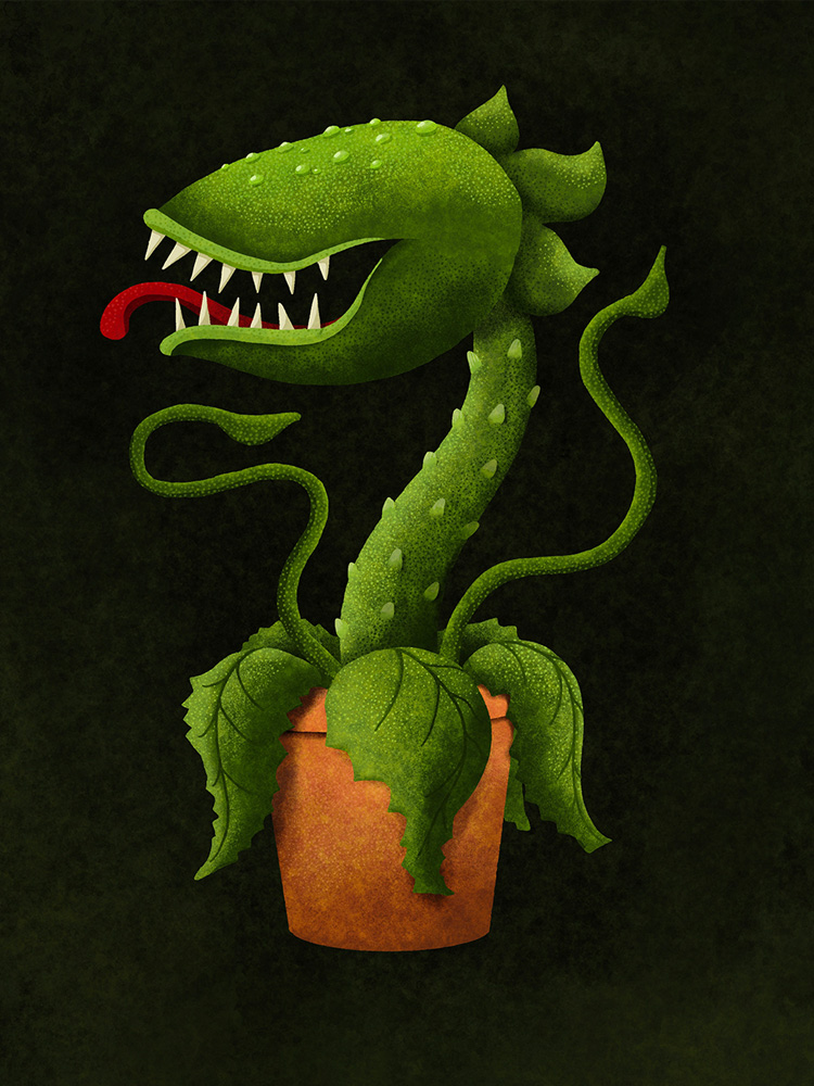 En illustration av en stor grön köttätande växt som växer ur en terrakottakruka. Växten har ett gap med vassa tänder, en röd tunga och slingrande rankor mot en mörk bakgrund, vilket ger bilden en lekfullt skräckinspirerad känsla. Kuvitus suuresta vihreästä lihansyöjäkasvista, joka kasvaa saviruukusta. Kasvilla on terävähampainen kita, punainen kieli ja kiemurtelevat lonkeromaiset varret tummalla taustalla, mikä luo kuvaan leikkisän kauhuhenkisen tunnelman. An illustration of a large green carnivorous plant growing from a terracotta pot. The plant has a mouth filled with sharp teeth, a red tongue, and twisting vines against a dark background, creating a playful horror-inspired atmosphere.