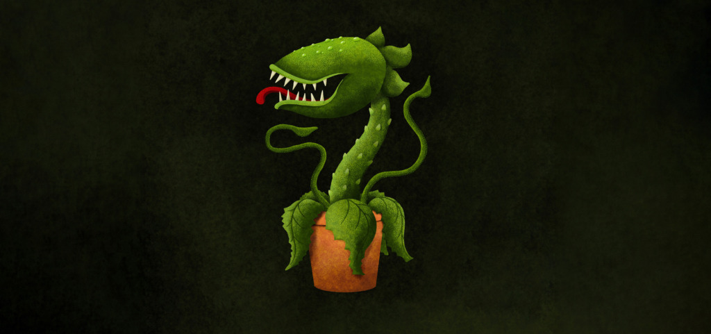 En illustration av en stor grön köttätande växt som växer ur en terrakottakruka. Växten har ett gap med vassa tänder, en röd tunga och slingrande rankor mot en mörk bakgrund, vilket ger bilden en lekfullt skräckinspirerad känsla. Kuvitus suuresta vihreästä lihansyöjäkasvista, joka kasvaa saviruukusta. Kasvilla on terävähampainen kita, punainen kieli ja kiemurtelevat lonkeromaiset varret tummalla taustalla, mikä luo kuvaan leikkisän kauhuhenkisen tunnelman. An illustration of a large green carnivorous plant growing from a terracotta pot. The plant has a mouth filled with sharp teeth, a red tongue, and twisting vines against a dark background, creating a playful horror-inspired atmosphere.